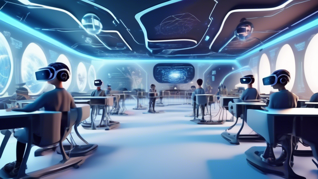 A futuristic classroom where students are using artificial intelligence and virtual reality technology to learn.