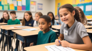 A classroom scene showcasing innovative and engaging student assessment methods, highlighting individualized learning and growth mindset.