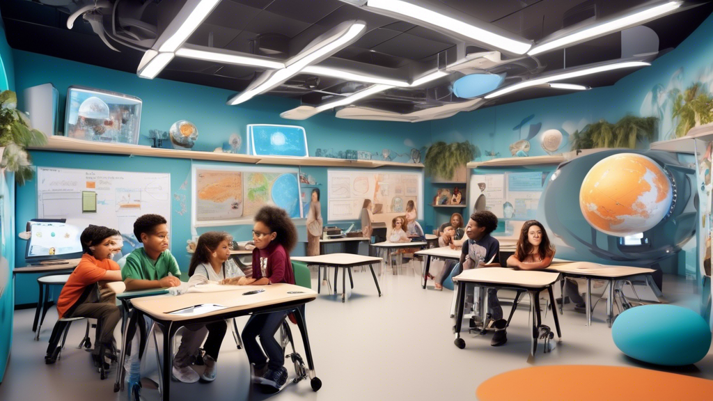 A futuristic classroom where students of diverse backgrounds and abilities are engaged in collaborative learning, using technology and hands-on activities