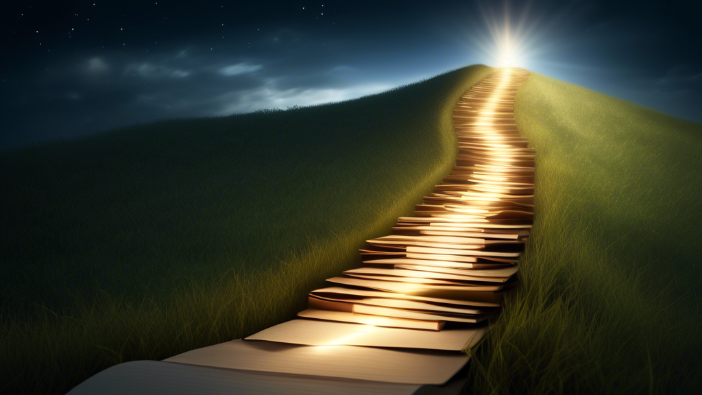 A path leading uphill, lined with books, leading to a shining light at the top, representing personal development and the journey to success.