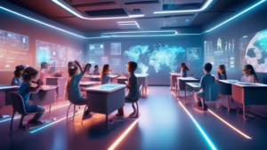 A futuristic classroom with holographic displays, robotic teachers, and students wearing AR glasses, exploring virtual learning environments.